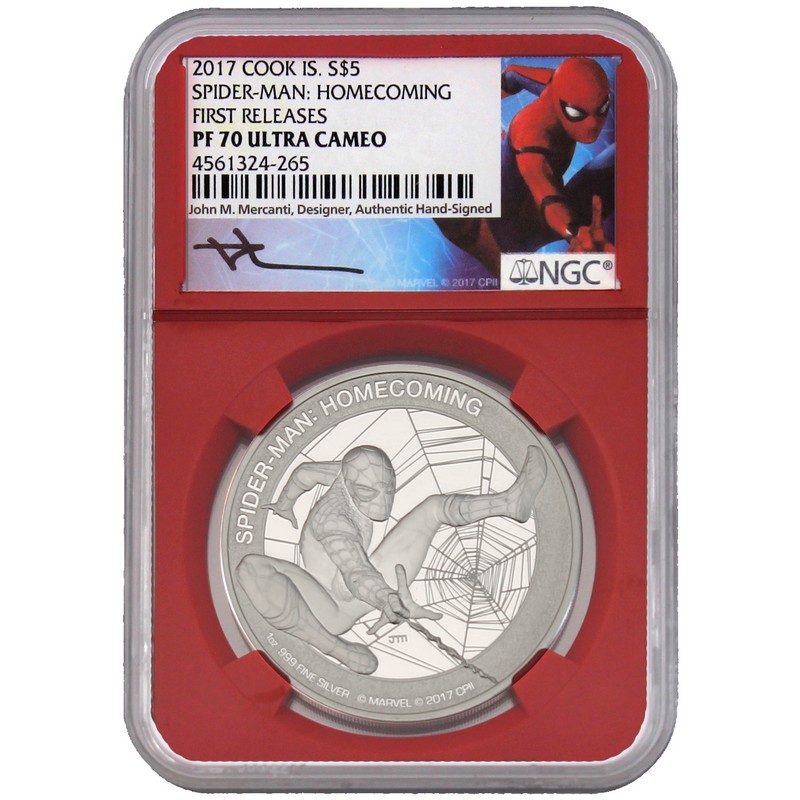 2017 PROOF SILVER SPIDERMAN NGC PF70 MERCANTI FIRST RELEASES COOK ISLANDS 1 OZ