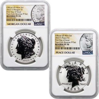 2023 S Reverse Proof Morgan & Peace Dollar 2pc Set NGC REV PF70 First Day Issue Morgan/Peace Labels