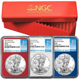 2018 Red, White, & Blue Silver Eagle Set NGC MS70 First Day Issue