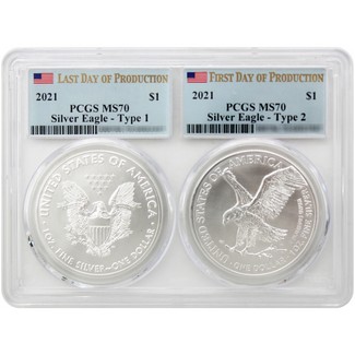 2021 Silver Eagle Transitional 2-Coin Set PCGS MS70 Last Day Type-1 & First Day Type-2 Multiholder