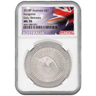 2018 Australia Kangaroo Silver 1 oz NGC MS70 ER Flag Label