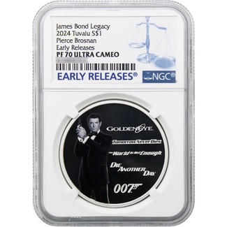 2024 $1 Proof Perth James Bond Pierce Brosnan 1oz Silver Colorized Coin NGC PF70 UC ER Blue Label