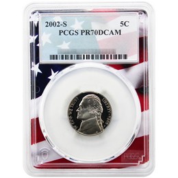 2002 S Proof Jefferson Nickel PCGS PR70 DCAM Flag Picture Frame 2002 S Proof Jefferson Nickel PCGS PR70 DCAM Flag Picture Frame