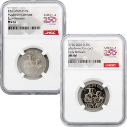 2026 P&D Semiquincentennial Quarter Mayflower Compact Set NGC MS66 ER America 250 Label 2026 P&D Semiquincentennial Quarter Mayflower Compact Set NGC MS66 ER America 250 Label