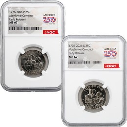 2026 P&D Semiquincentennial Quarter Mayflower Compact Set NGC MS67 ER America 250 Label 2026 P&D Semiquincentennial Quarter Mayflower Compact Set NGC MS67 ER America 250 Label