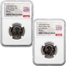 2026 P&D Semiquincentennial Quarter Revolutionary War Set NGC MS66 ER America 250 Label 2026 P&D Semiquincentennial Quarter Revolutionary War Set NGC MS66 ER America 250 Label