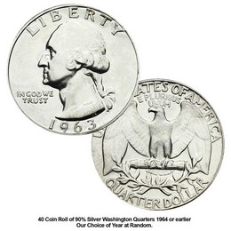 Washington 90% Silver Quarter Roll 40 BU Coins Washington 90% Silver Quarter Roll 40 BU Coins