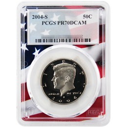 2004 S Clad Proof Kennedy Half Dollar PCGS PR70 DCAM Flag Picture Frame 2004 S Clad Proof Kennedy Half Dollar PCGS PR70 DCAM Flag Picture Frame