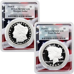 2024 S Proof Morgan and Peace Silver Dollar Set PCGS PR70 DCAM Flag Picture Frame 2024 S Proof Morgan and Peace Silver Dollar Set PCGS PR70 DCAM Flag Picture Frame