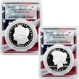 2025 S Proof Morgan and Peace Silver Dollar Set PCGS PR70 DCAM Flag Picture Frame 2025 S Proof Morgan and Peace Silver Dollar Set PCGS PR70 DCAM Flag Picture Frame