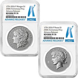 1776-2026 Reverse Proof Morgan & Peace Silver Dollar Set 250th Anniversary Liberty Bell Privy NGC PF70 FDI AR 1776-2026 Reverse Proof Morgan & Peace Silver Dollar Set 250th Anniversary Liberty Bell Privy NGC PF70 FDI AR