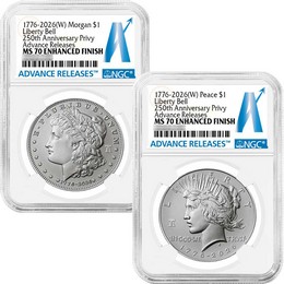 1776-2026 (W) Enhanced Uncirculated Morgan and Peace Silver Dollar Set 250th Anniversary Liberty Bell Privy NGC MS70 AR 1776-2026 (W) Enhanced Uncirculated Morgan and Peace Silver Dollar Set 250th Anniversary Liberty Bell Privy NGC MS70 AR
