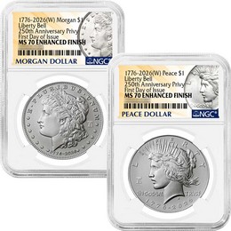 1776-2026 (W) Enhanced Uncirculated Morgan and Peace Silver Dollar Set 250th Anniversary Liberty Bell Privy NGC MS70 FDI Morgan and Peace Dollar Label 1776-2026 (W) Enhanced Uncirculated Morgan and Peace Silver Dollar Set 250th Anniversary Liberty Bell Privy NGC MS70 FDI Morgan and Peace Dollar Label