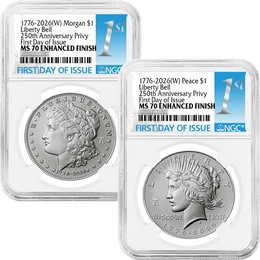 1776-2026 (W) Enhanced Uncirculated Morgan and Peace Silver Dollar Set 250th Anniversary Liberty Bell Privy NGC MS70 FDI 1st Label 1776-2026 (W) Enhanced Uncirculated Morgan and Peace Silver Dollar Set 250th Anniversary Liberty Bell Privy NGC MS70 FDI 1st Label