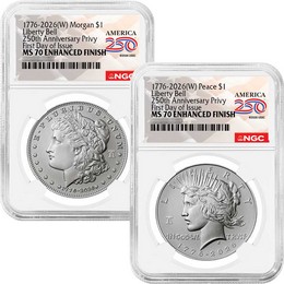 1776-2026 (W) Enhanced Uncirculated Morgan and Peace Silver Dollar Set 250th Anniversary Liberty Bell Privy NGC MS70 FDI America 250 Label 1776-2026 (W) Enhanced Uncirculated Morgan and Peace Silver Dollar Set 250th Anniversary Liberty Bell Privy NGC MS70 FDI America 250 Label