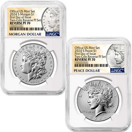 2024 S Reverse Proof Morgan & Peace Silver Dollar Set NGC PF70 FDI Morgan and Peace Label 2024 S Reverse Proof Morgan & Peace Silver Dollar Set NGC PF70 FDI Morgan and Peace Label