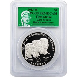 2013 W Proof Girl Scouts Centennial Commem Silver Dollar PCGS PR70 FS Green Girl Scouts Label 2013 W Proof Girl Scouts Centennial Commem Silver Dollar PCGS PR70 FS Green Girl Scouts Label