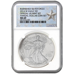 2014 W Burnished Silver Eagle Annual Dollar Set NGC MS69 Silver Star Label 2014 W Burnished Silver Eagle Annual Dollar Set NGC MS69 Silver Star Label
