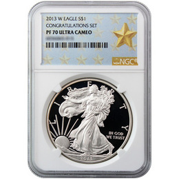 2013 W Silver Eagle NGC PF70 Ultra Cameo Congratulations Set Gold Star Label 2013 W Silver Eagle NGC PF70 Ultra Cameo Congratulations Set Gold Star Label