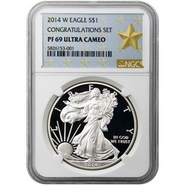2014 W Silver Eagle NGC PF69 Ultra Cameo Congratulations Set Gold Star Label 2014 W Silver Eagle NGC PF69 Ultra Cameo Congratulations Set Gold Star Label