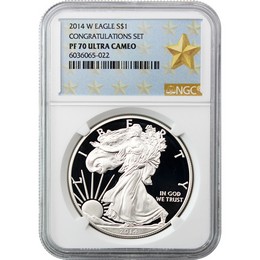 2014 W Silver Eagle NGC PF70 Ultra Cameo Congrats Set Gold Star Label 2014 W Silver Eagle NGC PF70 Ultra Cameo Congrats Set Gold Star Label