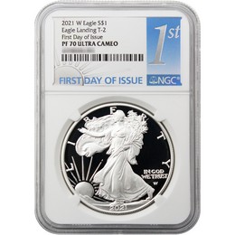 2021 W Eagle Landing Type 2 Proof Silver Eagle NGC PF70 Ultra Cameo First Day Issue 1st Label 2021 W Eagle Landing Type 2 Proof Silver Eagle NGC PF70 Ultra Cameo First Day Issue 1st Label