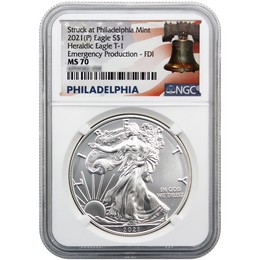 2021 (P) Type 1 Silver Eagle "Emergency Production" NGC MS70 FDI Struck at Philadelphia Liberty Bell Label 2021 (P) Type 1 Silver Eagle NGC MS70 FDI Struck at Philadelphia Liberty Bell Label
