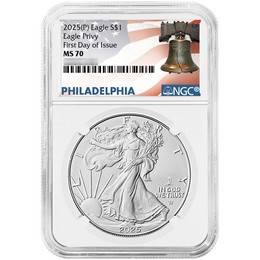 2025 (P) Silver Eagle First Eagle Privy Release NGC MS70 FDI Liberty Bell Label 2025 (P) Silver Eagle First Eagle Privy Release NGC MS70 FDI Liberty Bell Label