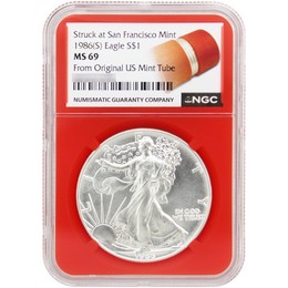 1986 (S) Silver Eagle NGC MS69 Struck at San Francisco Orange Core 1986 (S) Silver Eagle NGC MS69 Orange Core