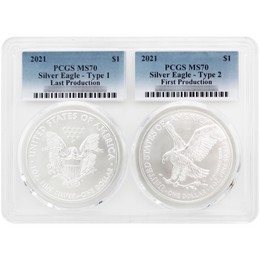 2021 Transitional Silver Eagle 2-Coin Set (Final Type 1 & First Type 2 Production) PCGS MS70 Multi-Holder Blue Label 2021 Transitional Silver Eagle 2-Coin Set (Final Type 1 & First Type 2 Production) PCGS MS70 Multi-Holder Blue Label