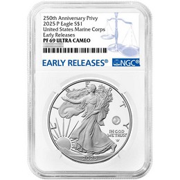 2025 Proof Silver Eagle 250th Anniversary United States Marine Corps Privy NGC PF69 UC ER Blue Label 2025 Proof Silver Eagle 250th Anniversary United States Marine Corps Privy NGC PF69 UC ER Blue Label