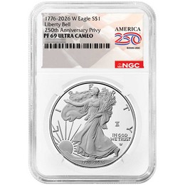 1776-2026 W Proof Silver Eagle 250th Anniversary Liberty Bell Privy NGC PF69 UC America 250 Label 1776-2026 W Proof Silver Eagle 250th Anniversary Liberty Bell Privy NGC PF69 UC America 250 Label