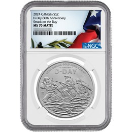 2024 £2 Great Britain 1oz Silver D-Day 80th Anniversary Coin Struck on June 6, 2024 NGC MS70 Matte One of 1944 Struck Olive Branch/Flag Label 2024 £2 Great Britain 1oz Silver D-Day 80th Anniversary Coin Struck on June 6, 2024 NGC MS70 Matte One of 1944 Struck Olive Branch/Flag Label
