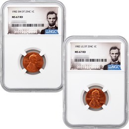1982 Small Date & Large Date Zinc Lincoln Cent NGC MS67 RD Portrait Label 1982 Small Date & Large Date Zinc Lincoln Cent NGC MS67 RD Portrait Label