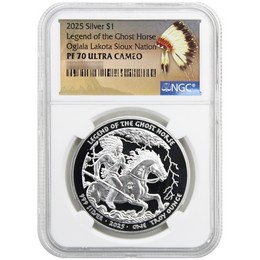 2025 $1 Proof Oglala Lakota Sioux Nation Native American Series 1oz Silver Ghost Horse NGC PF70 UC Native American Label 2025 $1 Proof Oglala Lakota Sioux Nation Native American Series 1oz Silver Ghost Horse NGC PF70 UC Native American Label