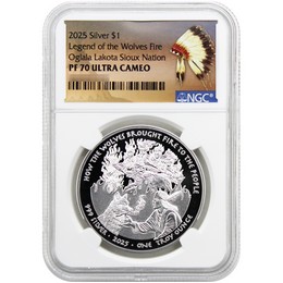 2025 $1 Proof Oglala Lakota Sioux Nation Native American Series 1oz Silver The Wolves Fire NGC PF70 UC Native American Label 2025 $1 Proof Oglala Lakota Sioux Nation Native American Series 1oz Silver The Wolves Fire NGC PF70 UC Native American Label