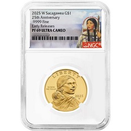 2025 W $1 Proof Sacagawea Gold Dollar 25th Anniversary NGC PF69 UC ER Sacagawea Label 2025 W $1 Proof Sacagawea Gold Dollar 25th Anniversary NGC PF69 UC ER Sacagawea Label