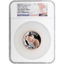 2025 P $8 Proof Australia 5oz Rose Gilded Silver High Relief Koala NGC PF70 UC ER Australia Flag Label 2025 P $8 Proof Australia 5oz Rose Gilded Silver High Relief Koala NGC PF70 UC ER Australia Flag Label
