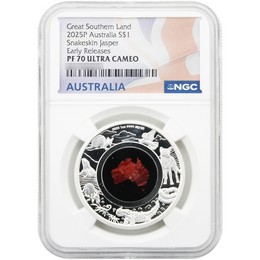 2025 P $1 Proof Australia 1oz Silver Great Southern Land Snakeskin Jasper NGC PF70 UC ER Australia Flag Label 2025 P $1 Proof Australia 1oz Silver Great Southern Land Snakeskin Jasper NGC PF70 UC ER Australia Flag Label