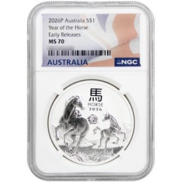 2026 P $1 Australia Lunar Series III 1 oz Silver Year of the Horse NGC MS70 ER Australia Flag Label 2026 P $1 Australia Lunar Series III 1 oz Silver Year of the Horse NGC MS70 ER Australia Flag Label