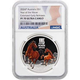 2026 P $1 Proof Australia Lunar Series III 1oz Colorized Silver Year of the Horse NGC PF70 UC ER Australia Flag Label 2026 P $1 Proof Australia Lunar Series III 1oz Colorized Silver Year of the Horse NGC PF70 UC ER Australia Flag Label