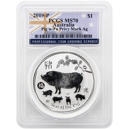 2019 P $1 Australia 1oz Silver Year of the Pig w/ Fu Privy PCGS MS70 Australia Flag Label 2019 P $1 Australia 1oz Silver Year of the Pig w/ Fu Privy PCGS MS70 Australia Flag Label