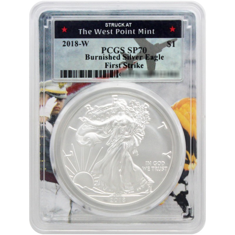 2018 W Burnished Silver Eagle PCGS SP70 West Point Frame 