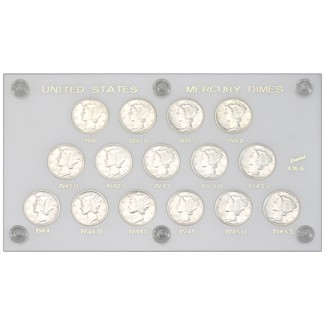 1941 - 1945  BU Mercury Dime Set White Holder (15 Coins)