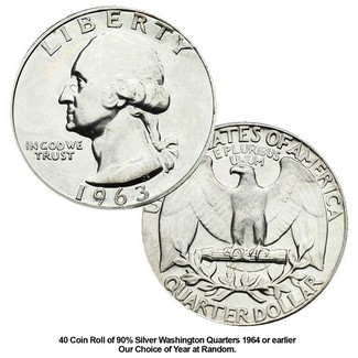 Washington 90% Silver Quarter Roll 40 BU Coins