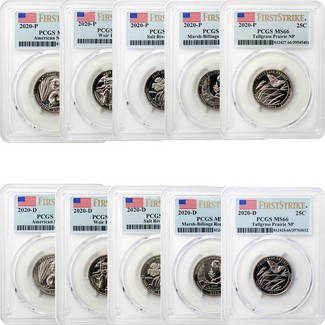 2020 P & D America the Beautiful 10-Coin Uncirculated Quarter Set PCGS MS66 First Strike Flag Label