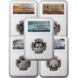 2020 S 5pc ATB Clad Proof Quarter Set NGC PF69 UC Early Releases Picture Label