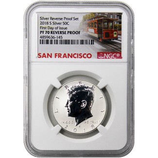 2018 S Kennedy Silver Reverse Proof Half Dollar NGC PF70 First Day Issue Trolley Label