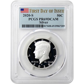 2020 S Silver Kennedy Half Dollar PCGS PR69 DCAM First Day Issue Flag Label