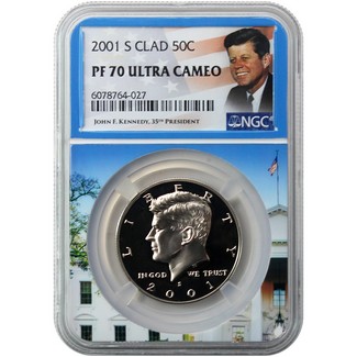 2001 S Clad Kennedy Half Dollar NGC PF70 Ultra Cameo Portrait Label/White House Core